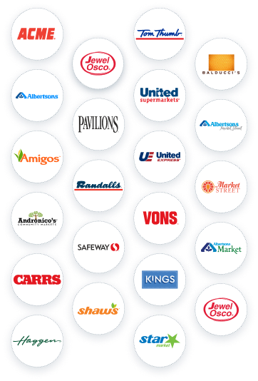 Icons of all of the Albertsons family banners that have Pharmacy, United Express, ACME, Albertsons, Amigos, Andronico’s, Carrs, Haggen, Randalls, JewelOsco, United Supermarkets, Shaws, Safeway, Pavilions, Albertsons Market, Vons, Kings, StarMarket, Balducci’s, Albertsons Market Street, Market Street, Lucky, Tom Thumb