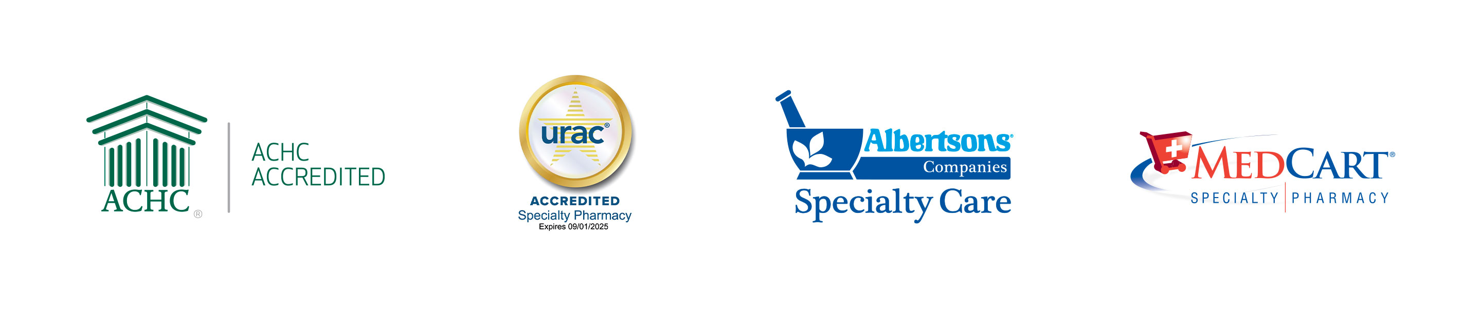 ACHC Accredited, URAC, Albertsons companies specialist care, Medcart specialist Pharmacy logos